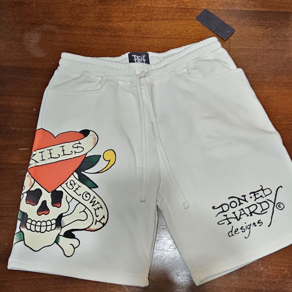 Ed Hardy White Athletic Shorts with Bold Tattoo Art